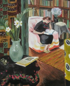 Donna che legge in un interno, di Vanessa Bell, pittrice ed autrice delle copertine dei libri di Virginia Woolf, sua sorella minore, per la Hogarth Press (1879-1961).